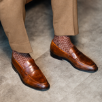 Pecan & Cream Stepped Chevron men's dress sock — pecan brown sock with a cream stepped chevron pattern styled with tan trousers