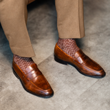 Pecan & Cream Stepped Chevron men's dress sock — pecan brown sock with a cream stepped chevron pattern styled with tan trousers