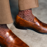 Pecan & Cream Stepped Chevron men's dress sock — pecan brown sock with a cream stepped chevron pattern styled with tan trousers