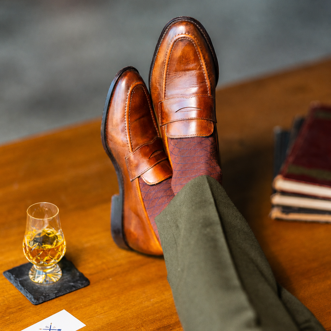 Pecan & Navy Diamonds men's dress sock — pecan brown sock with a navy diamond pattern styled with olive trousers