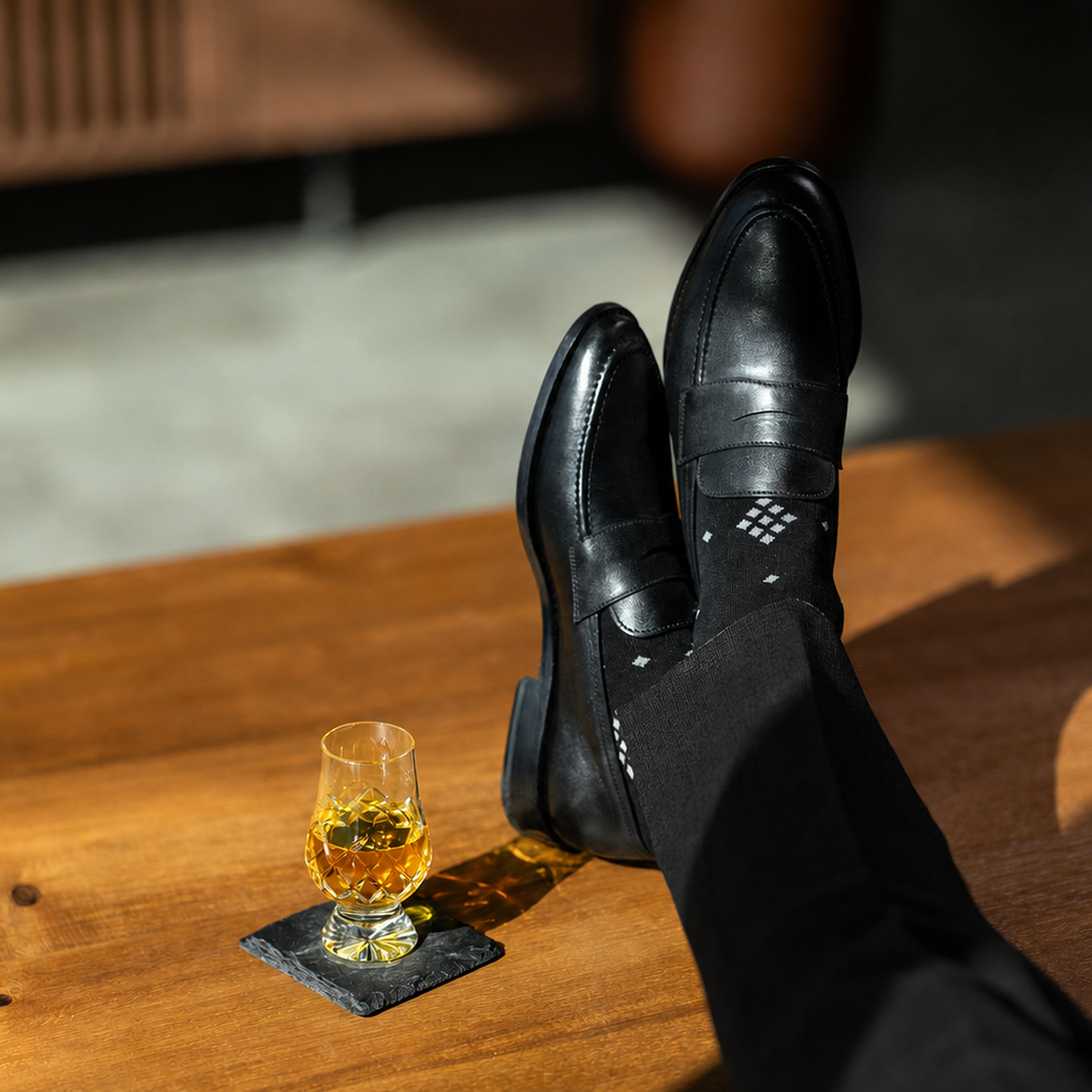 The Black Nested Diamonds men's dress sock — black sock with grey nested diamonds styled with black trousers