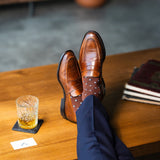 The Pecan Gemstones men's dress sock — pecan brown sock with navy, white & powder blue gemstones lifestyle image