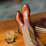 Pecan & Powder Blue Diamonds men's dress sock — pecan brown sock with a powder blue diamond pattern styled with tan trousers