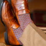 Pecan & Powder Blue Diamonds men's dress sock — pecan brown sock with a powder blue diamond pattern styled with tan trousers