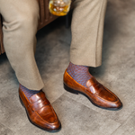 Pecan & Powder Blue Diamonds men's dress sock — pecan brown sock with a powder blue diamond pattern styled with tan trousers