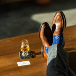 The Royal Blue Nested Diamonds men's dress sock — royal blue sock with white nested diamonds lifestyle image