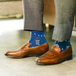 The Royal Blue Nested Diamonds men's dress sock — royal blue sock with white nested diamonds lifestyle image