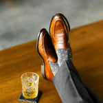 The Slate Gemstones men's dress sock — slate grey sock with navy, white & silver gemstones styled with charcoal trousers