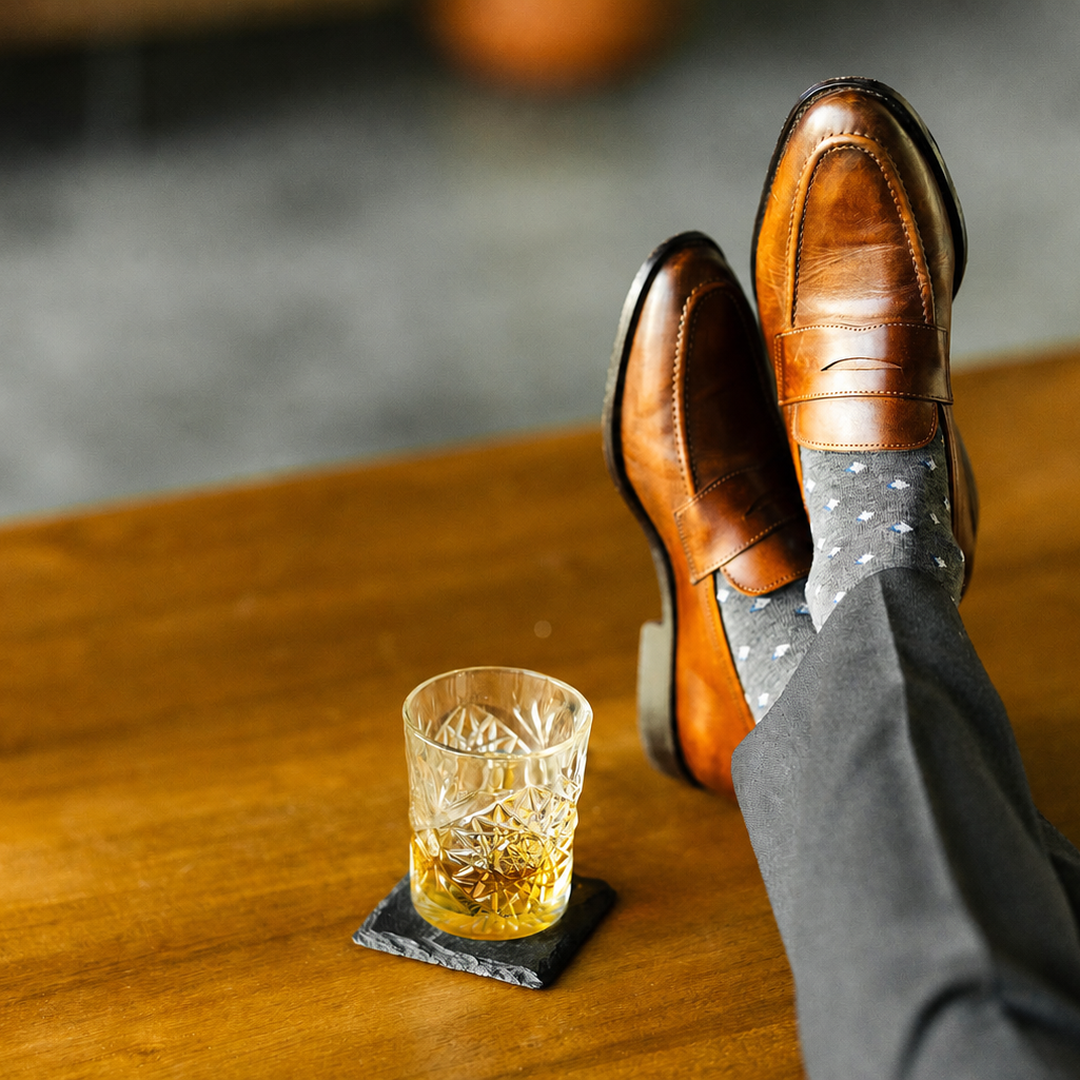 The Slate Gemstones men's dress sock — slate grey sock with navy, white & silver gemstones styled with charcoal trousers