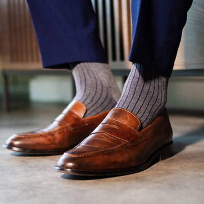 Grey & Navy Blue Ribbed - A Grey Sock with Navy Blue Ribs