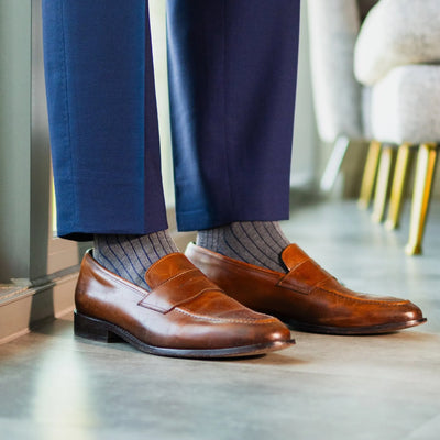 Grey & Navy Blue Ribbed - A Grey Sock with Navy Blue Ribs