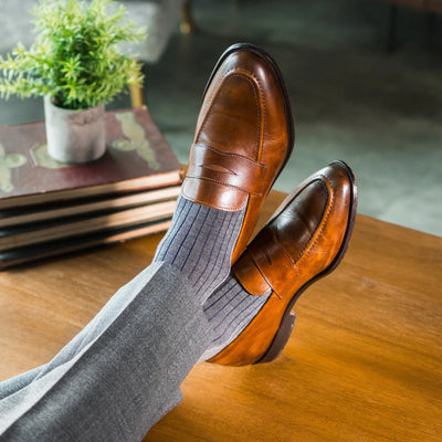Grey & Navy Blue Ribbed - A Grey Sock with Navy Blue Ribs