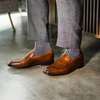 Grey & Navy Blue Ribbed - A Grey Sock with Navy Blue Ribs