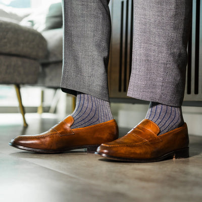 Grey & Navy Blue Ribbed - A Grey Sock with Navy Blue Ribs