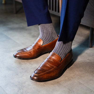 Grey & Navy Blue Ribbed - A Grey Sock with Navy Blue Ribs