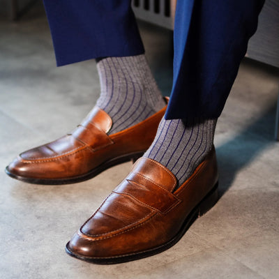 Grey & Navy Blue Ribbed - A Grey Sock with Navy Blue Ribs