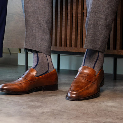 Grey & Navy Blue Vertical Stripes - A Grey Sock with Navy Blue Vertical Stripes