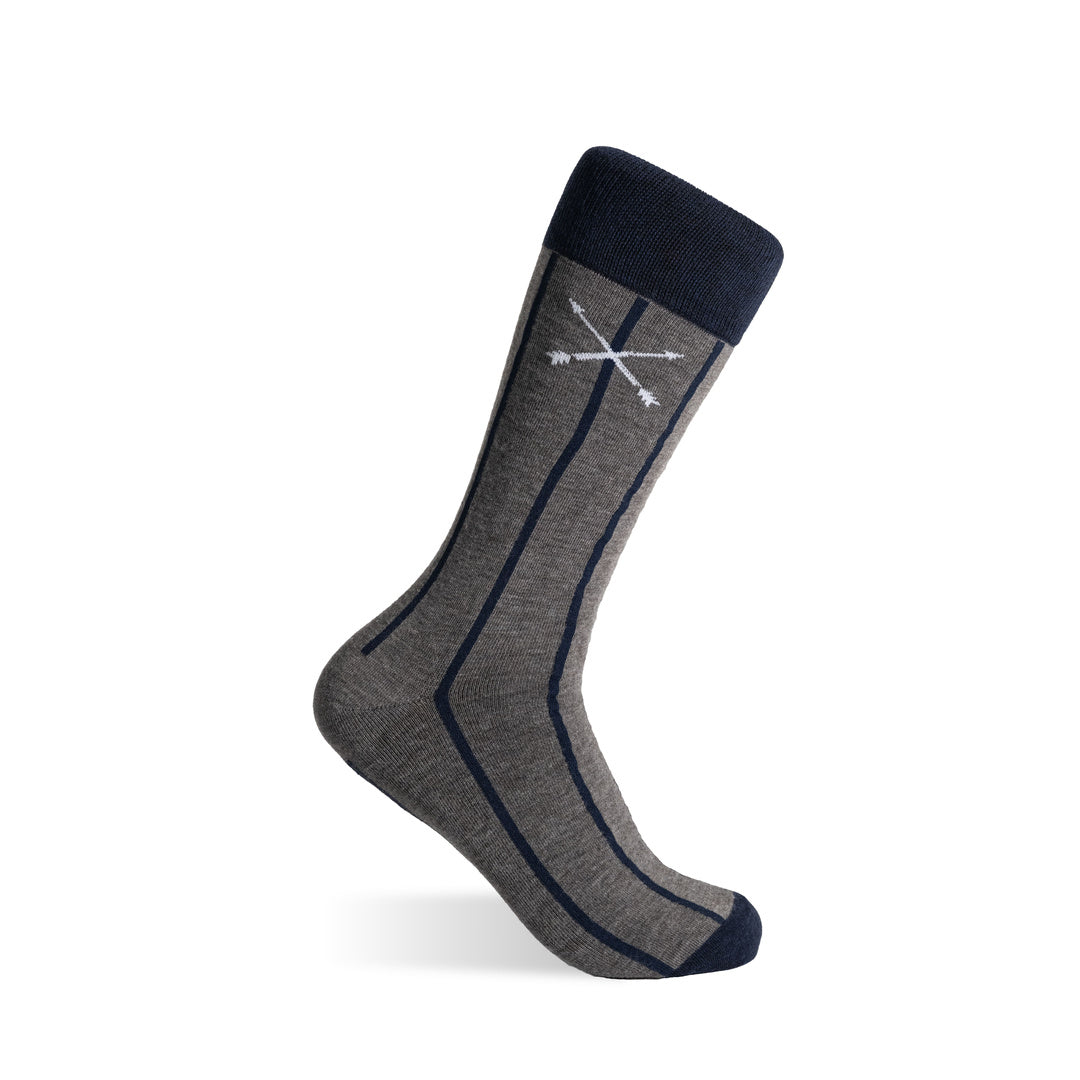 Grey crew sock with navy vertical stripes, contrasting cuff and embroidered logo.