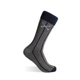Grey crew sock with navy vertical stripes, contrasting cuff and embroidered logo.
