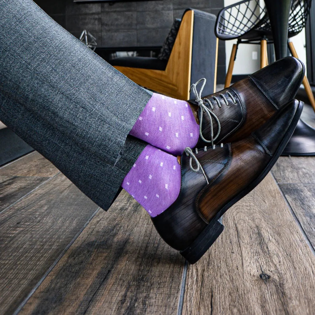 A Lilac Men's Dress Sock with Light Purple Micro-Squares Over-The-Calf