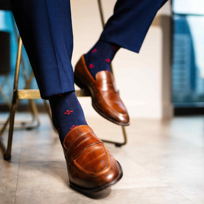 Navy & Cherry Red Flowers - A Navy Sock with Cherry Red Flowers