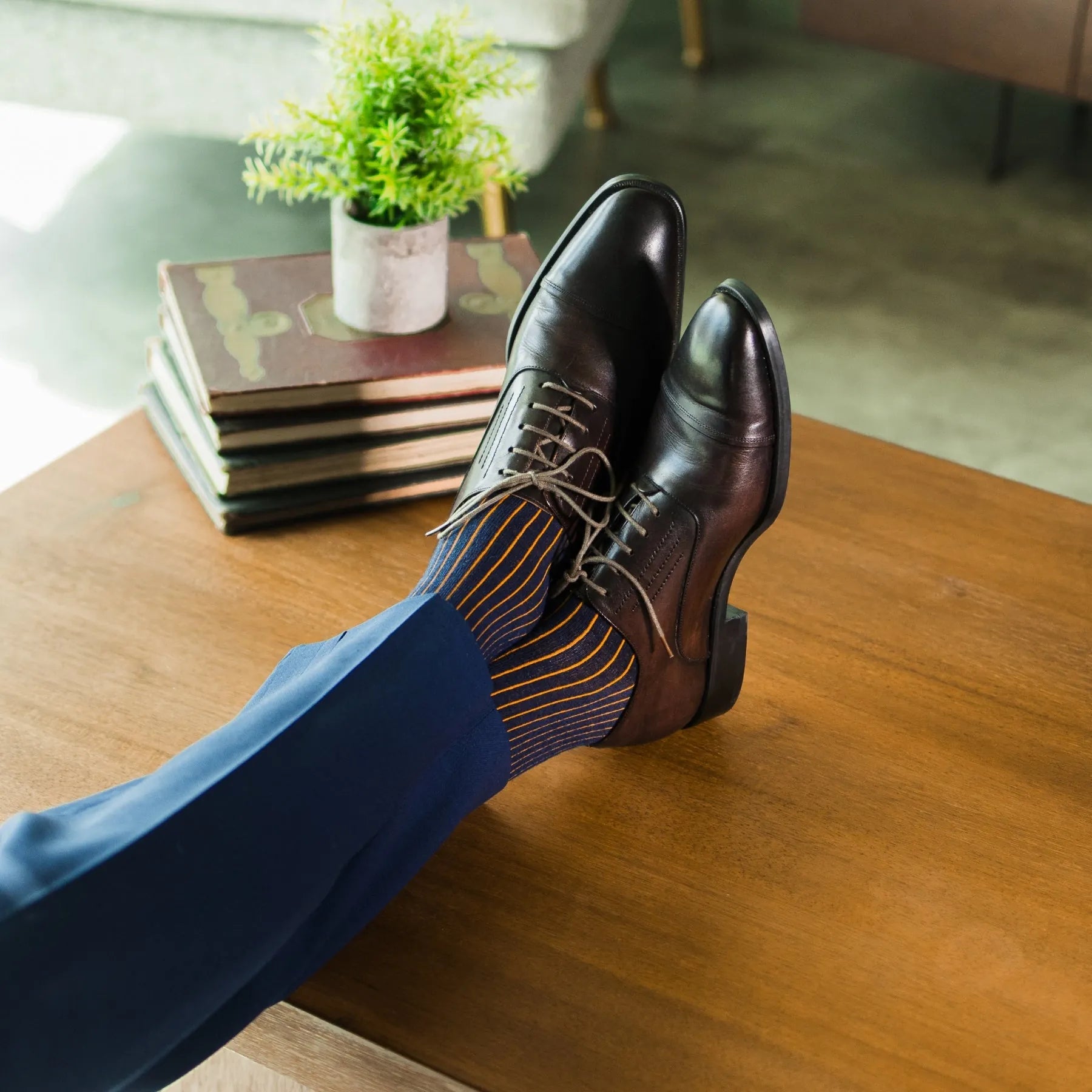 navy and orange dress socks Orange Square Knots on Navy Merino Wool Over the Calf Dress Socks
