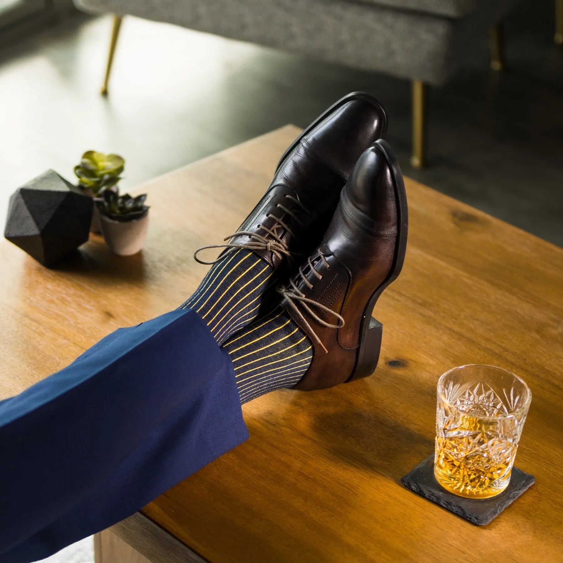 A Navy Blue men's dress Sock with a Yellow Ribbed pattern