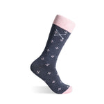 Prussian blue crew sock with blush pink floral pattern, contrasting cuff and embroidered logo.