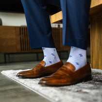 Pale Blue men's dress socks with a Navy flower pattern