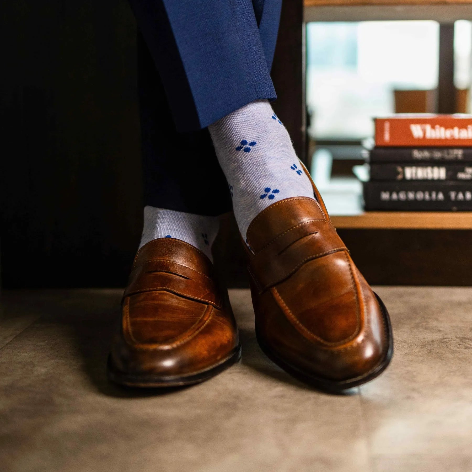 Pale Blue men's dress socks with a Navy flower pattern