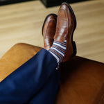 A pecan heathered blue and white stripes brown men's dress sock