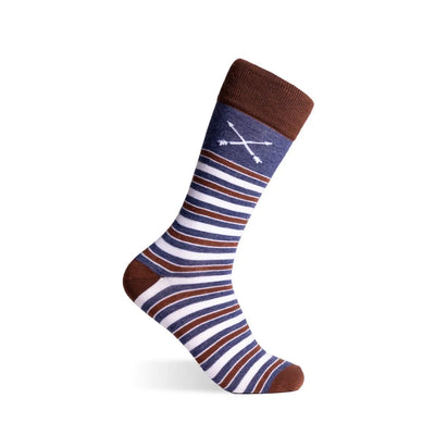 Pecan, Heathered Blue & White Stripes - A Pecan Brown Sock with a Heathered Blue and White Stripe Pattern