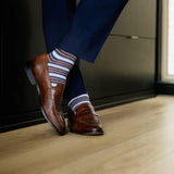 A pecan heathered blue and white stripes brown men's dress sock