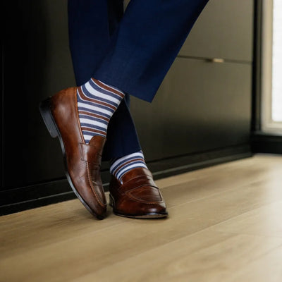 Pecan, Heathered Blue & White Stripes - A Pecan Brown Sock with a Heathered Blue and White Stripe Pattern