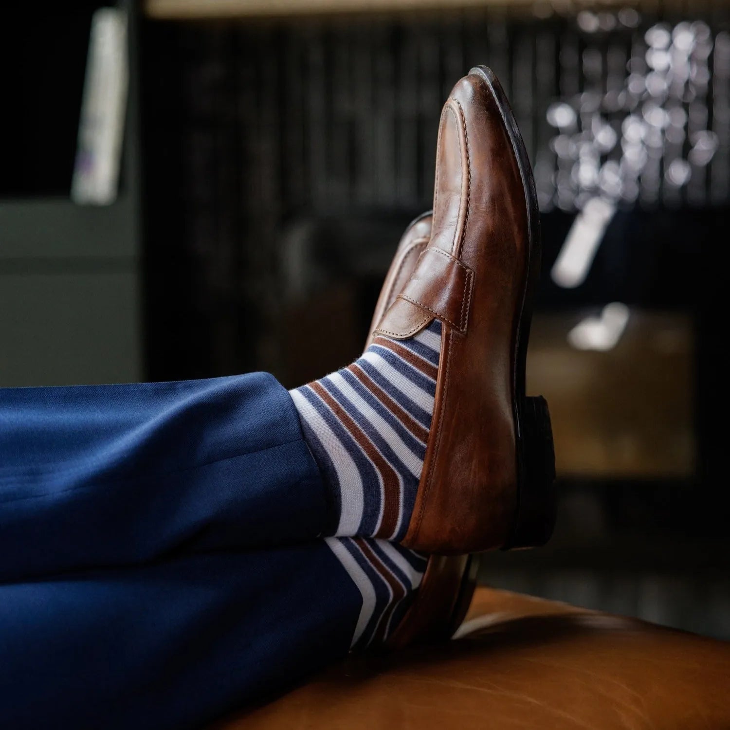 A pecan heathered blue and white stripes brown men's dress sock