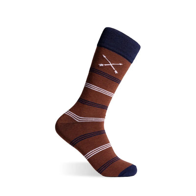 Pecan, Navy & White Triple-Stripes - A Pecan Brown Sock with a Navy and White Triple-Stripe Pattern