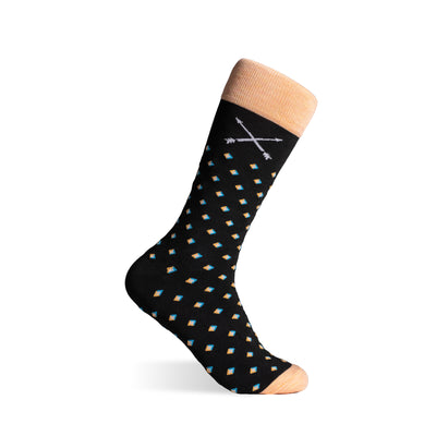 The Prism Gemstones - A Black Sock with a Peach, Sky Blue, and White Gemstone Pattern