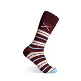 The Nutcrackers - A Cranberry Sock with Cream & Light Blue Stripes