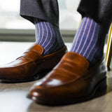 Prussian Blue men's dress socks with a pink ribbed pattern