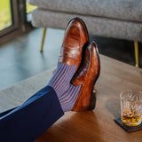 Prussian Blue men's dress socks with a pink ribbed pattern