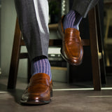 Prussian Blue men's dress socks with a pink ribbed pattern