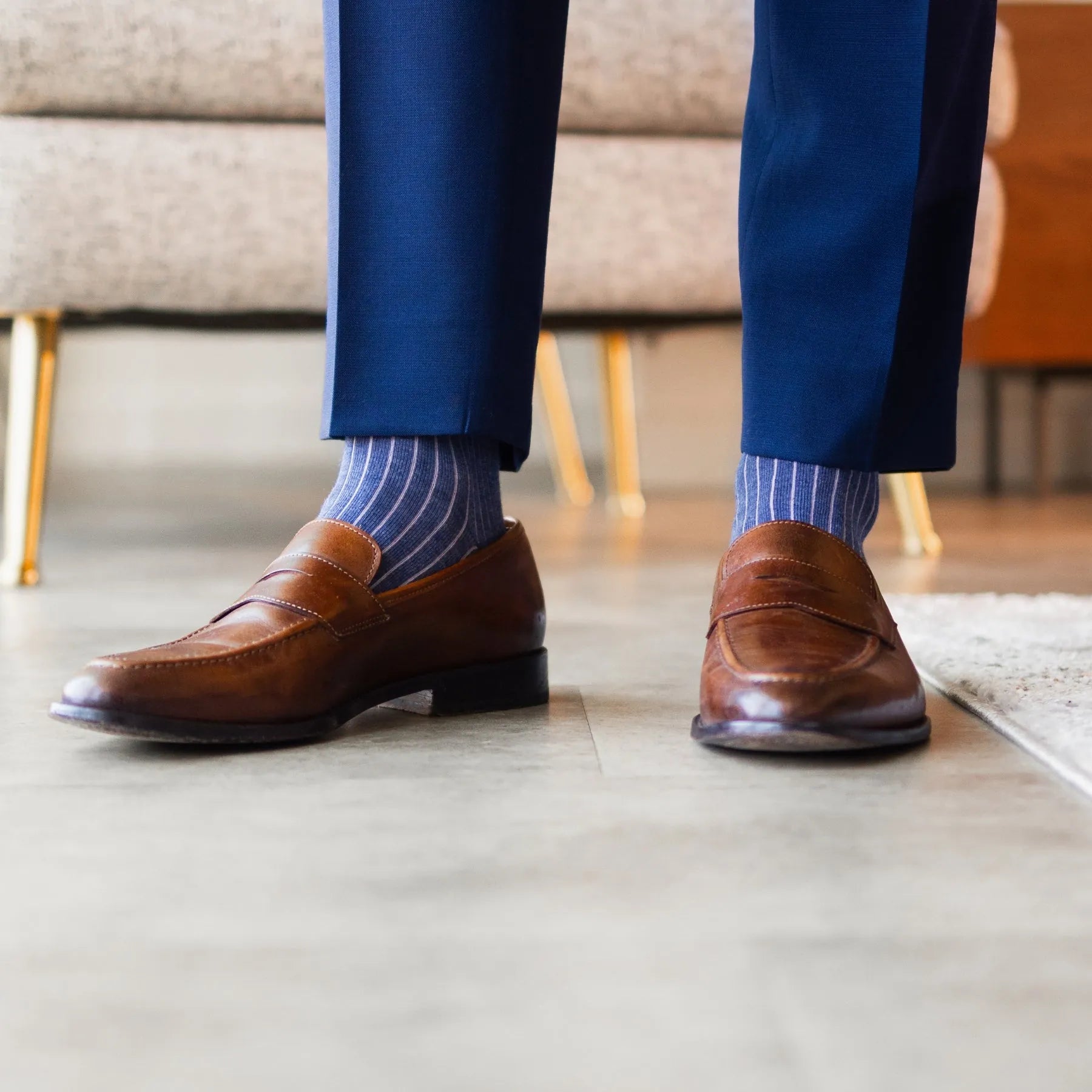 Prussian Blue men's dress socks with a pink ribbed pattern
