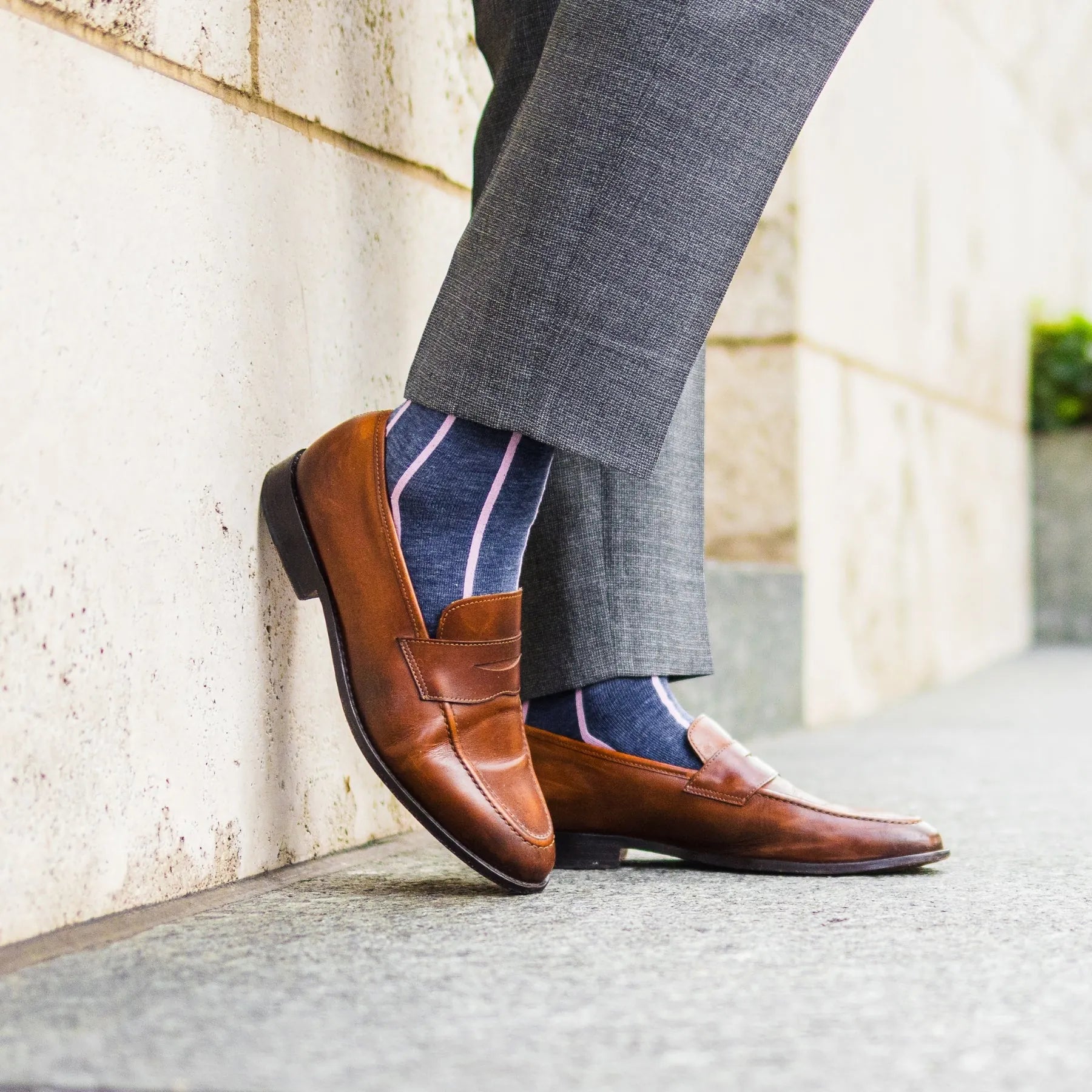 Prussian Blue men's dress socks with a pink vertical stripe pattern
