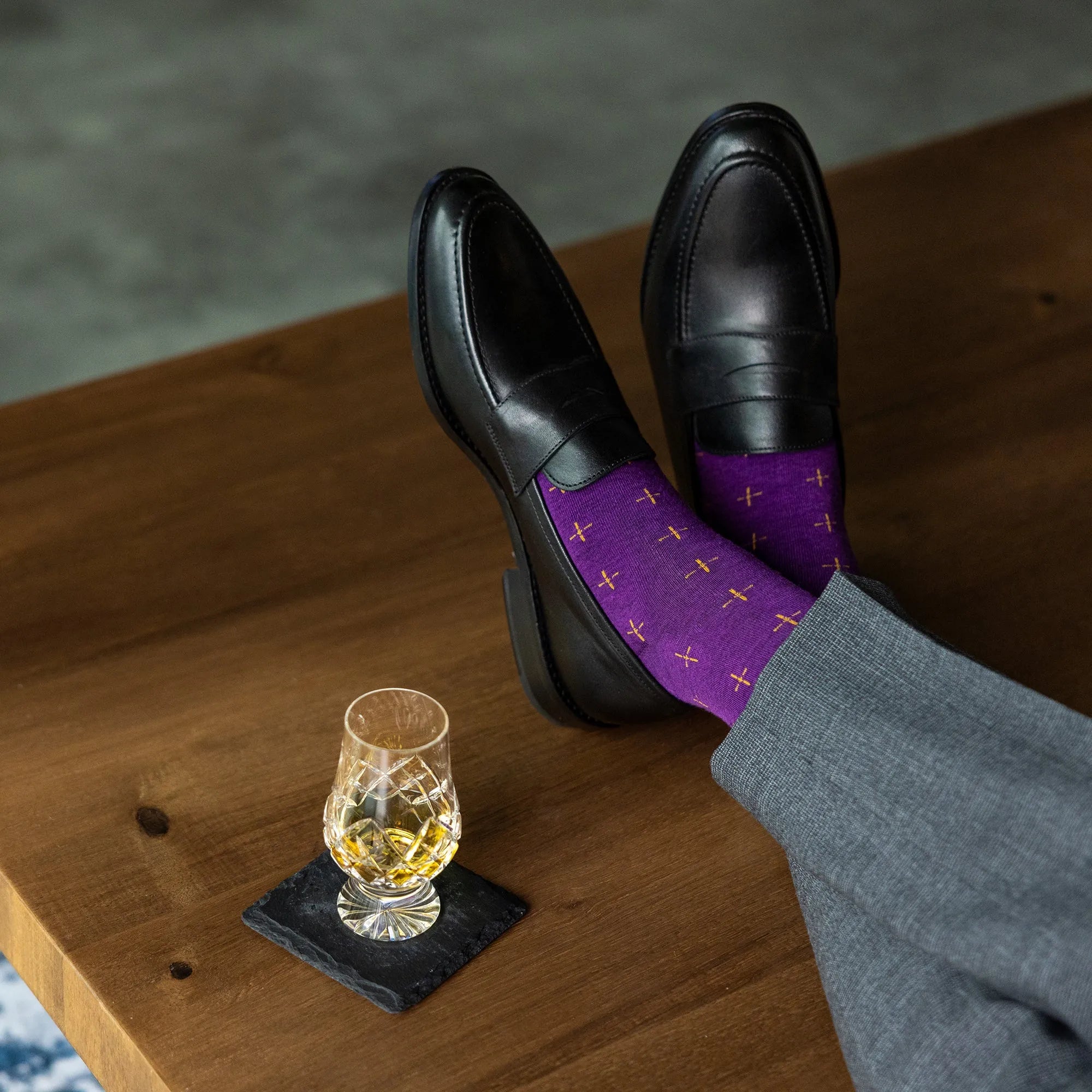 purple dress socks men's Slim Stripes Mens These mens amethyst purple dress socks are bold and fun Over the Calf Merino Wool