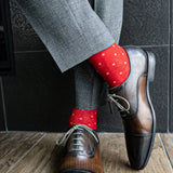Red men's dress sock with peach micro-squares