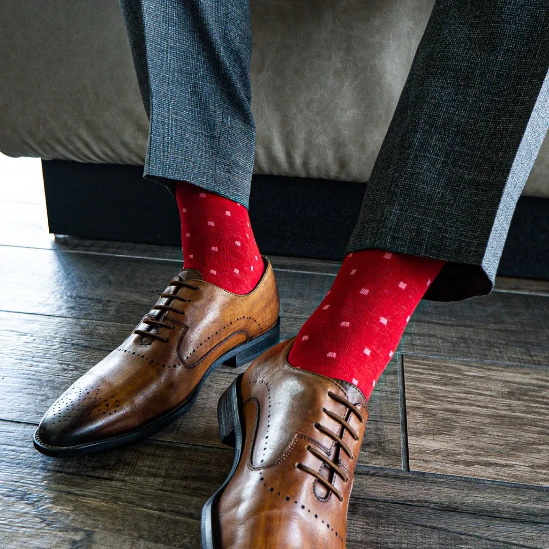 A Red Men's Dress Sock with Peach Micro-Squares | Soft and Stylish Over-the-Calf A Red Men's Dress Sock with Peach Micro-Squares | Soft and Stylish Over-the-Calf
