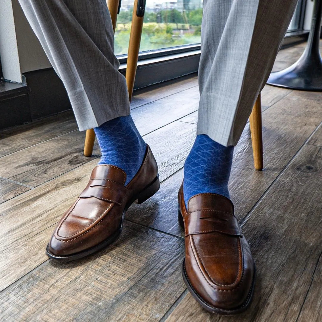 Royal Blue Diamonds - A Royal Blue Men's Dress Sock with A Contrasting Diamond Pattern Over-The-Calf Royal Blue Diamonds - A Royal Blue Men's Dress Sock with A Contrasting Diamond Pattern Over-The-Calf