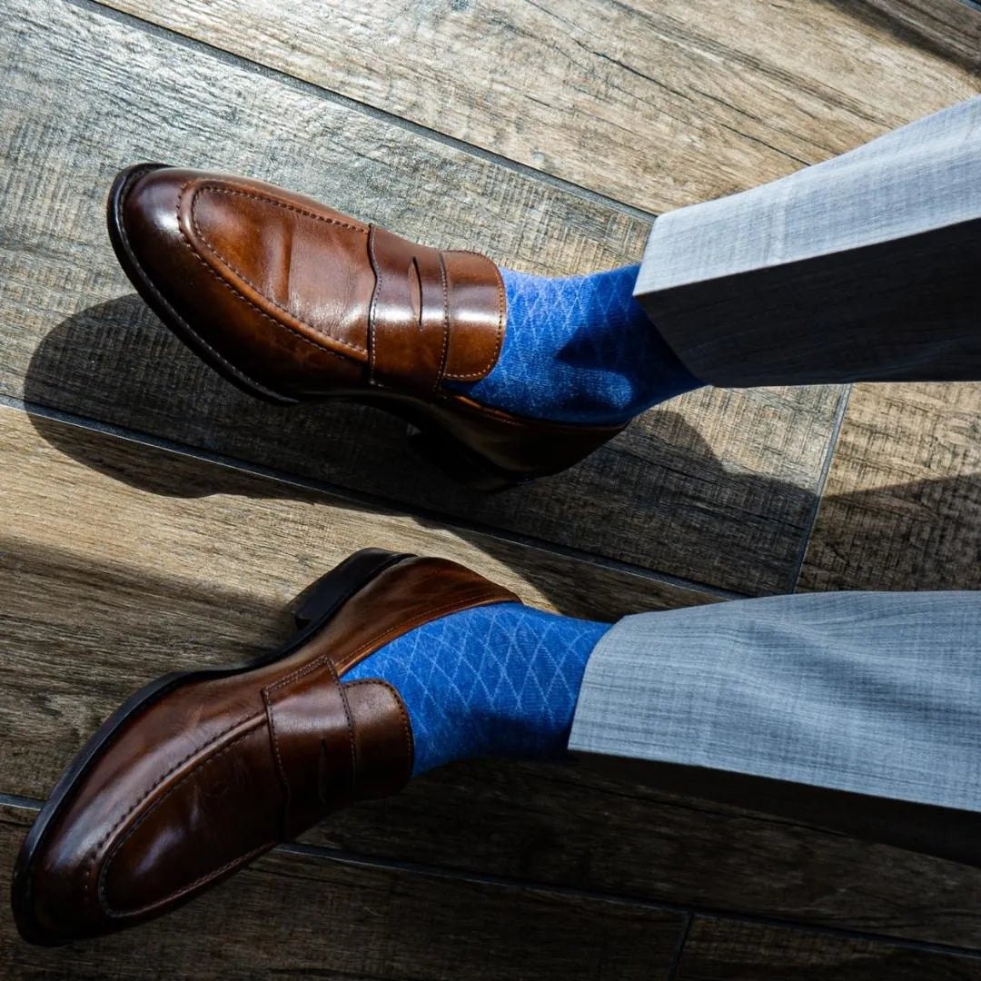 Royal Blue Diamonds - A Royal Blue Men's Dress Sock with A Contrasting Diamond Pattern Over-The-Calf Royal Blue Diamonds - A Royal Blue Men's Dress Sock with A Contrasting Diamond Pattern Over-The-Calf