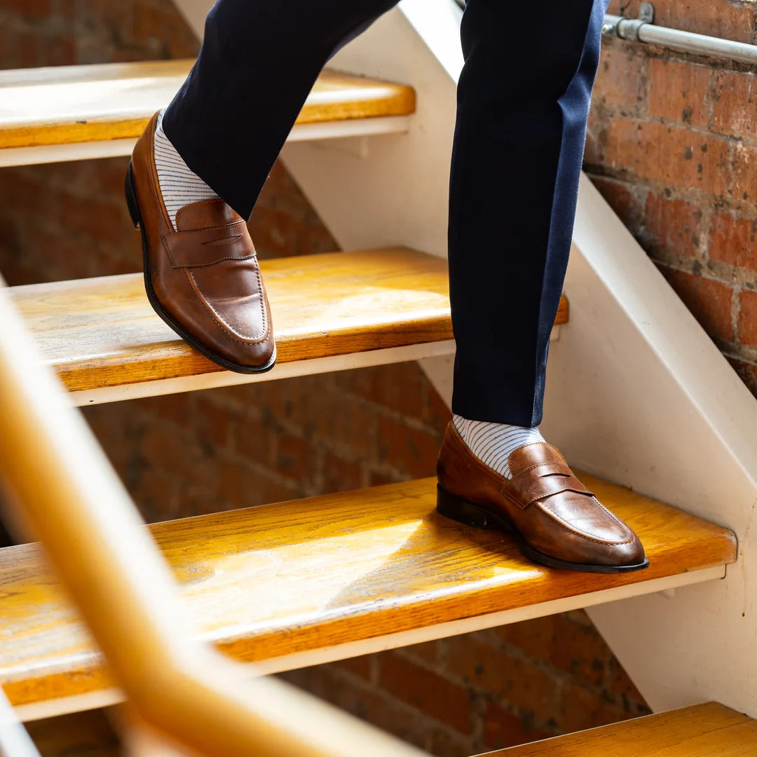 The Waterlines - A Stone Grey Sock with Deep Blue Stripes Southern Scholar