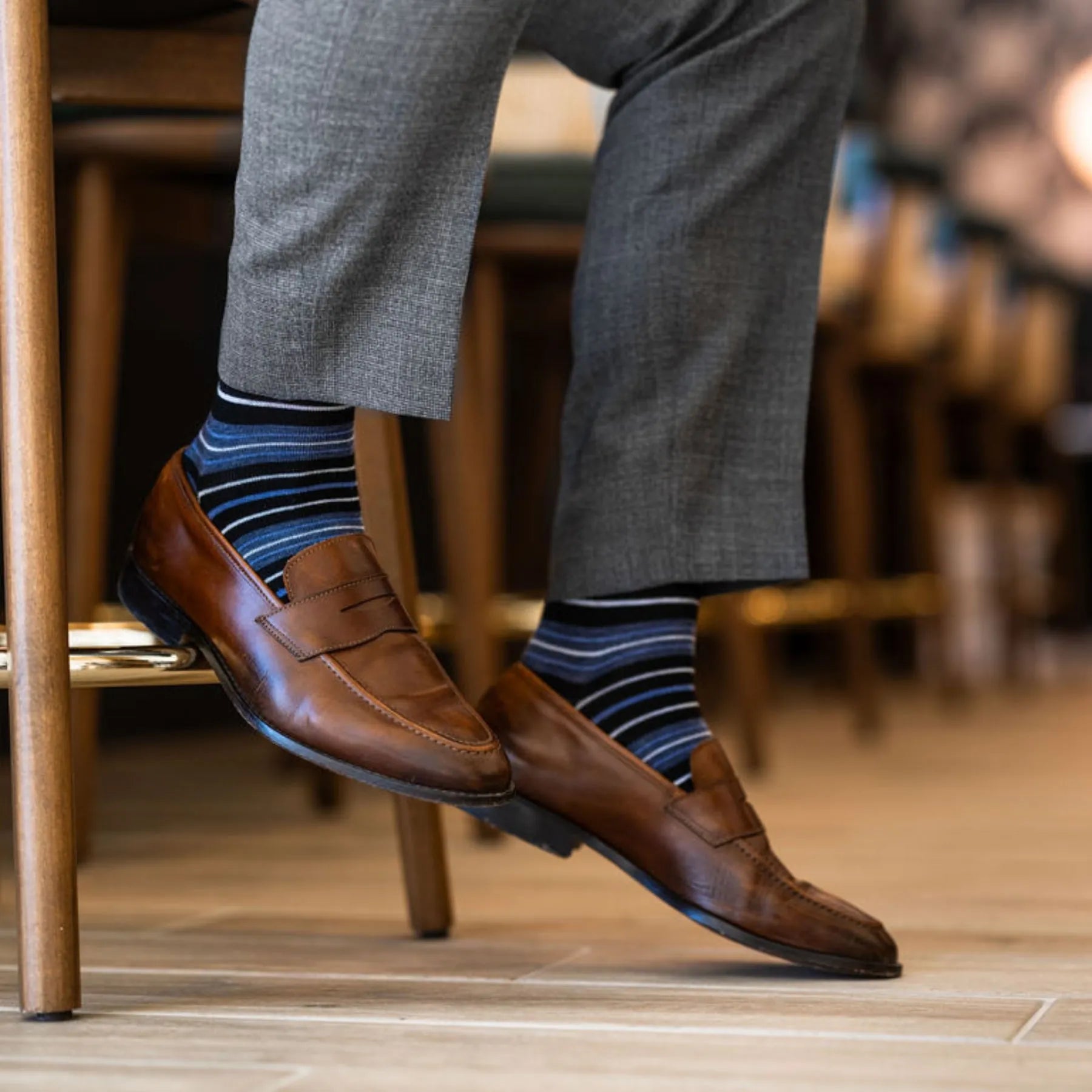 Blue, Black, and white striped men's dress socks